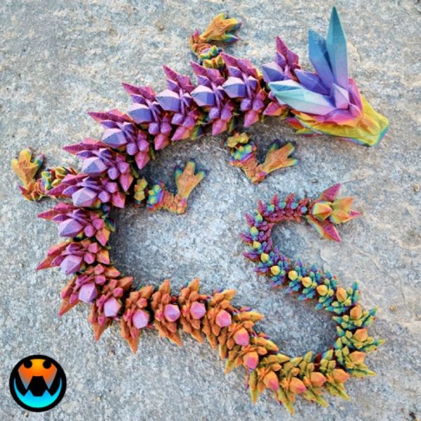 Dragon articulé aux écailles cristal imprimé en 3D, multicolore