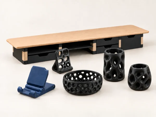 Pack Atelier Bureau — composition complète Étagère de bureau, quatre accessoires Voronoï noirs et support de téléphone pliant bleu sur fond ivoire.