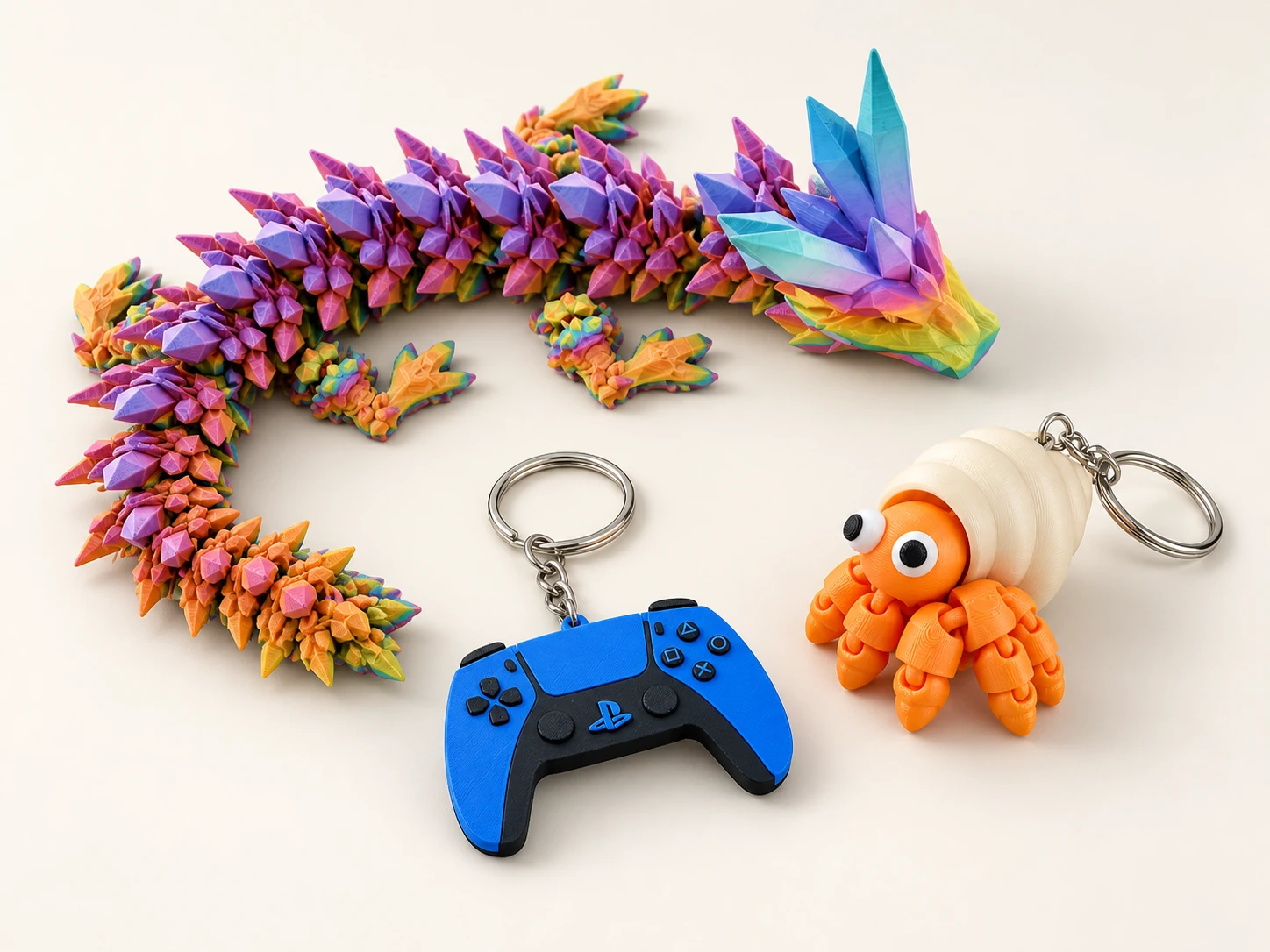 Pack Flexi — composition complète Dragon Crystal multicolore, figurine de bernard-l’hermite orange et porte-clés manette bleu sur fond ivoire.