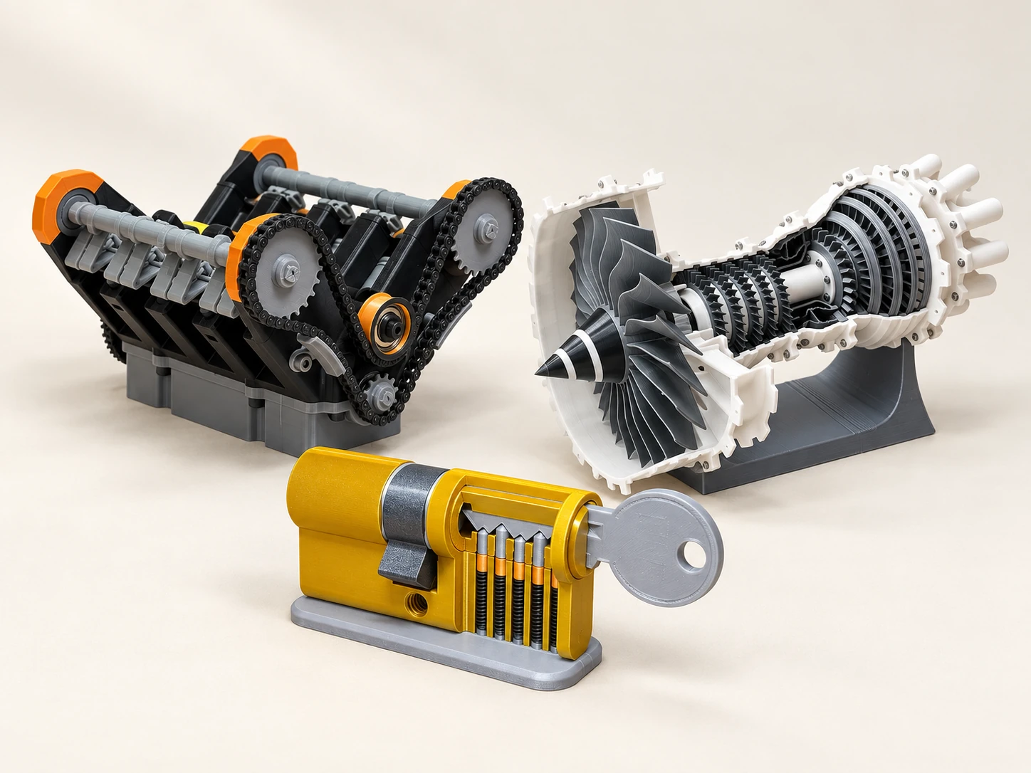 Pack Mécanique — composition complète Modèles de moteur V8, de réacteur et de serrure à cylindre en coupe réunis sur fond ivoire.